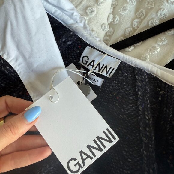 NWT Ganni Cropped Cardigan Sweater Poplin Collar In Sky Captain Cable Knit Wool - Picture 3 of 10